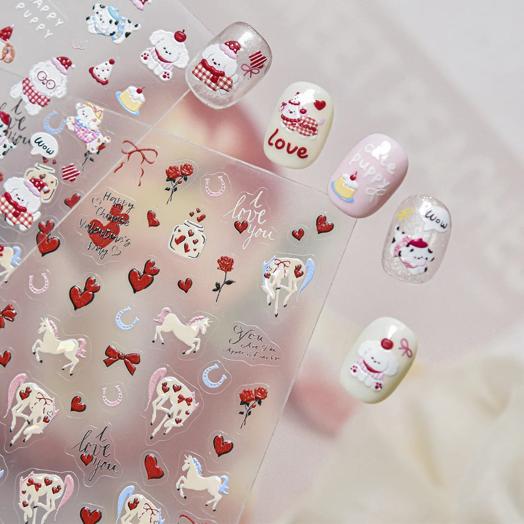 Kawaii 5D Cartoon Rabbit Puppy Carousel Nail Stickers 5505