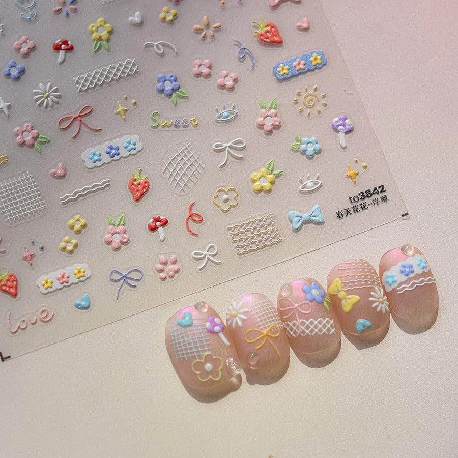 Kawaii Animals Nail Art Stickers Adhesive Embossed Flower Bow Sticker Decals to3842