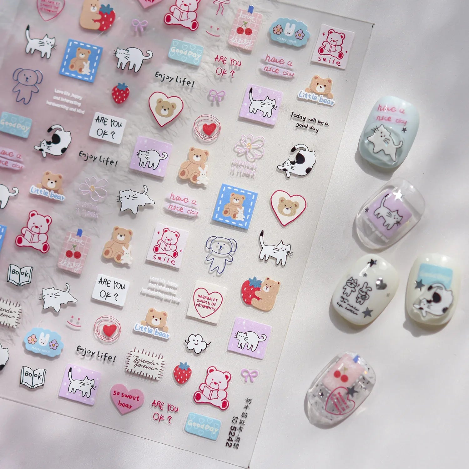 Kawaii Bear & Friends Nail Stickers | Cute Korean Doodle Art Nail Art Decals 5218
