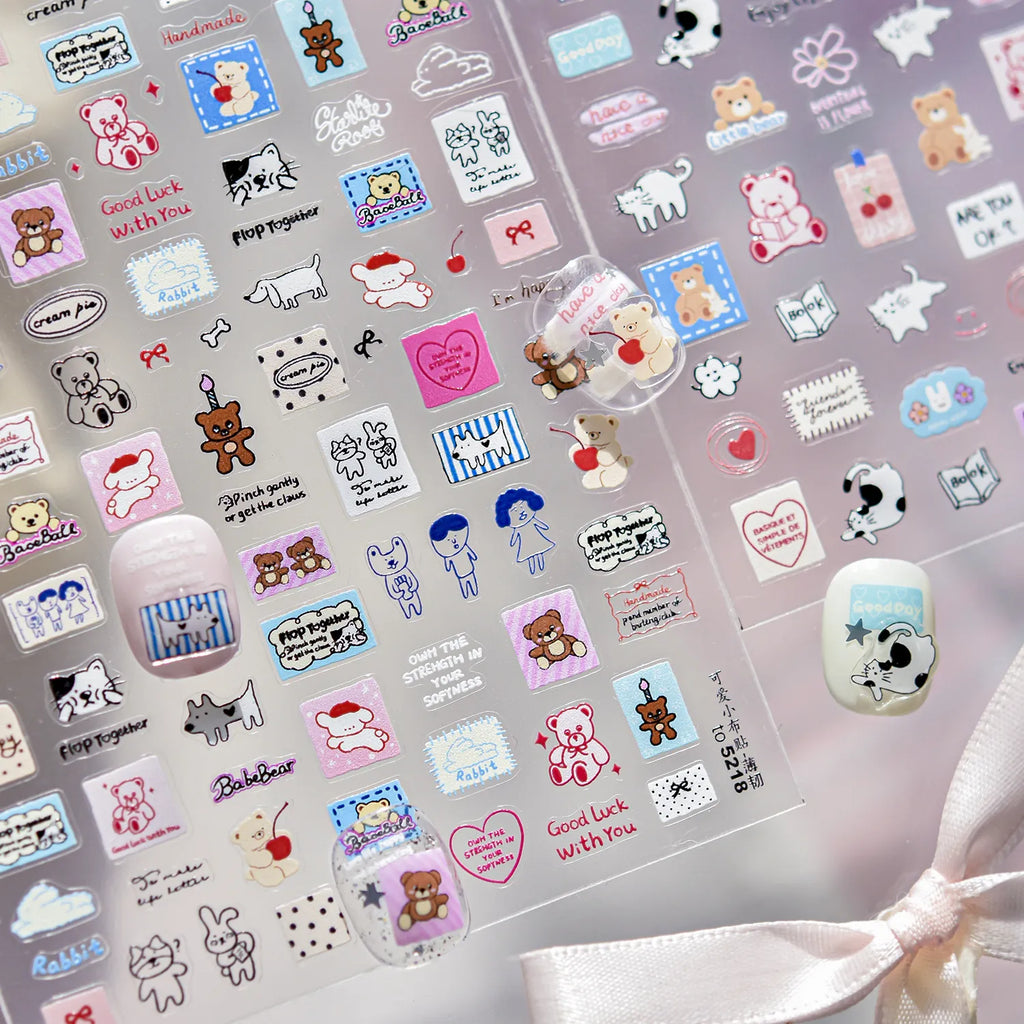 Kawaii Bear & Friends Nail Stickers | Cute Korean Doodle Art Nail Art Decals 5218