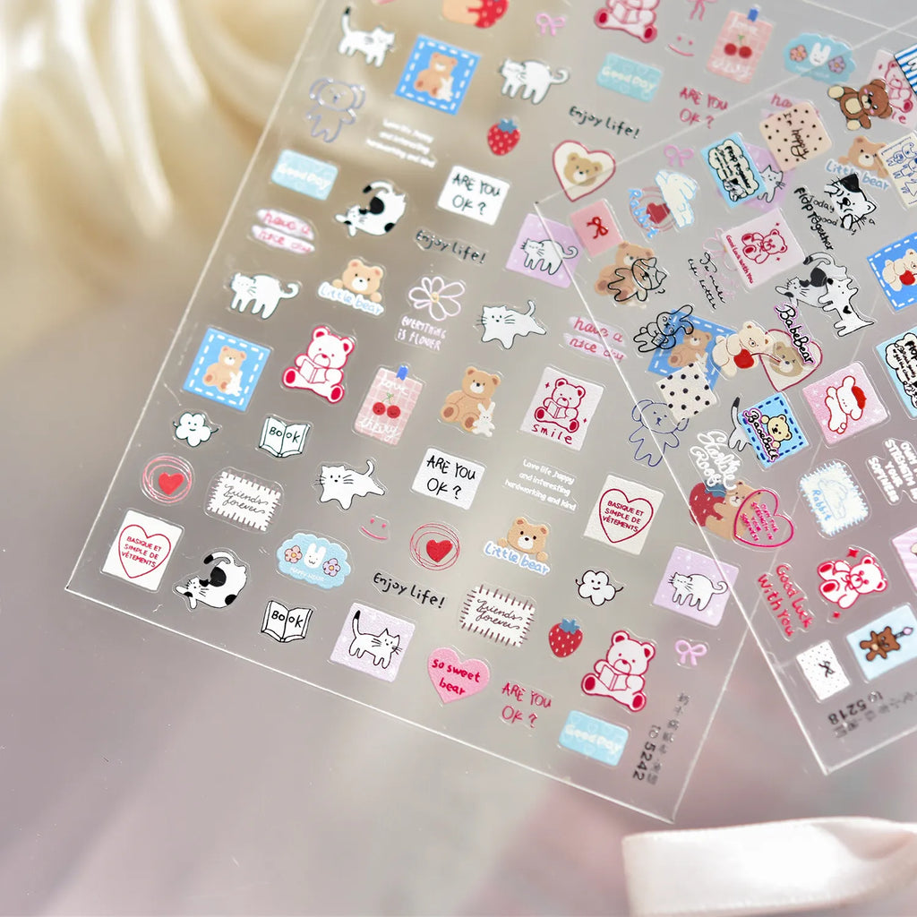 Kawaii Bear & Friends Nail Stickers | Cute Korean Doodle Art Nail Art Decals 5218