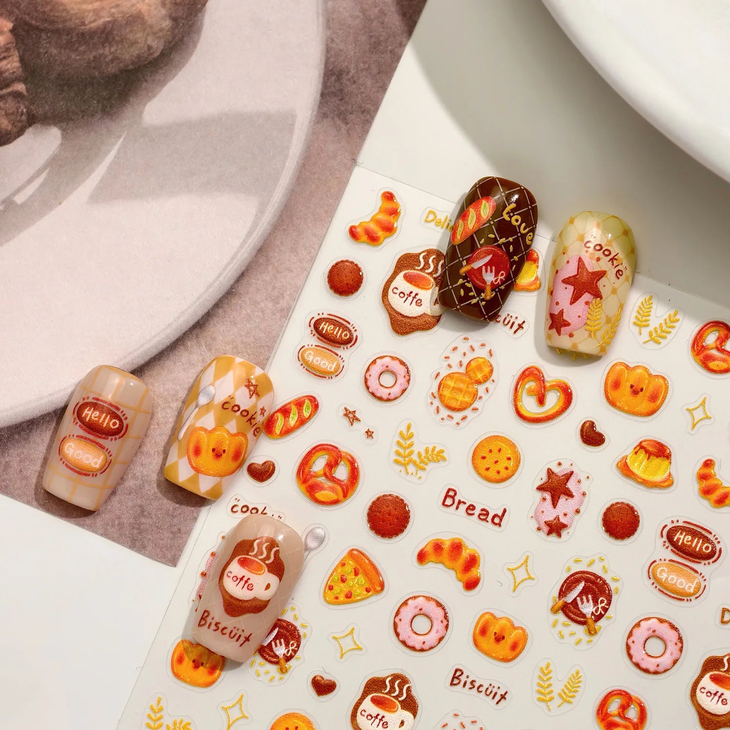 Kawaii Food Nail Stickers - Cute Bread, Donut & Coffee DIY Manicure Decals M1217