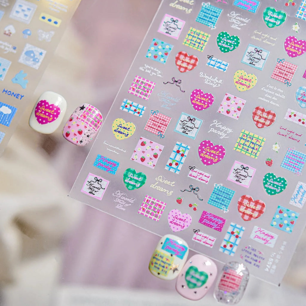 Kawaii Graffiti Heart Nail Stickers Gingham Strawberry Decals