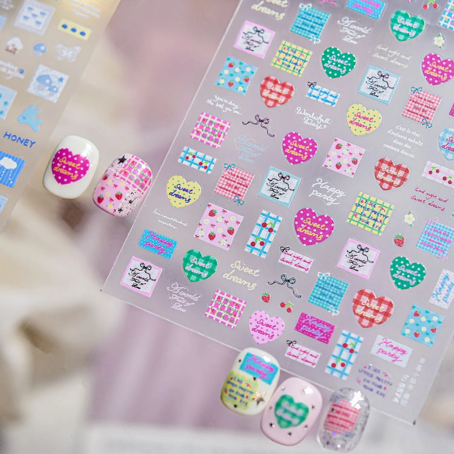 Kawaii Graffiti Heart Nail Stickers Gingham Strawberry Decals