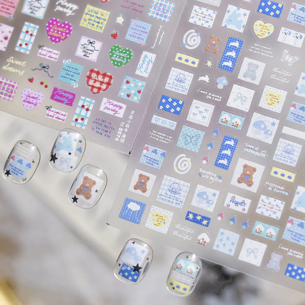 Kawaii Graffiti Heart Nail Stickers Gingham Strawberry Decals