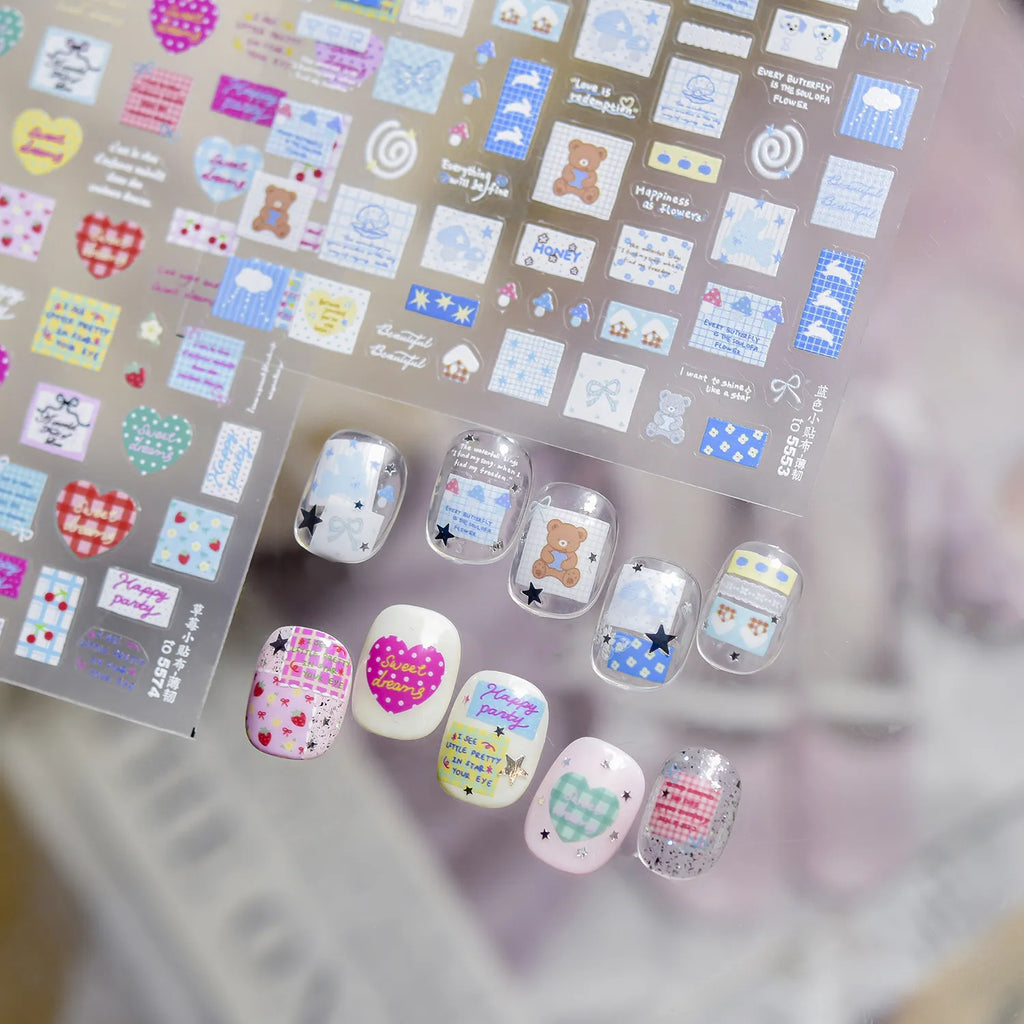 Kawaii Graffiti Heart Nail Stickers Gingham Strawberry Decals