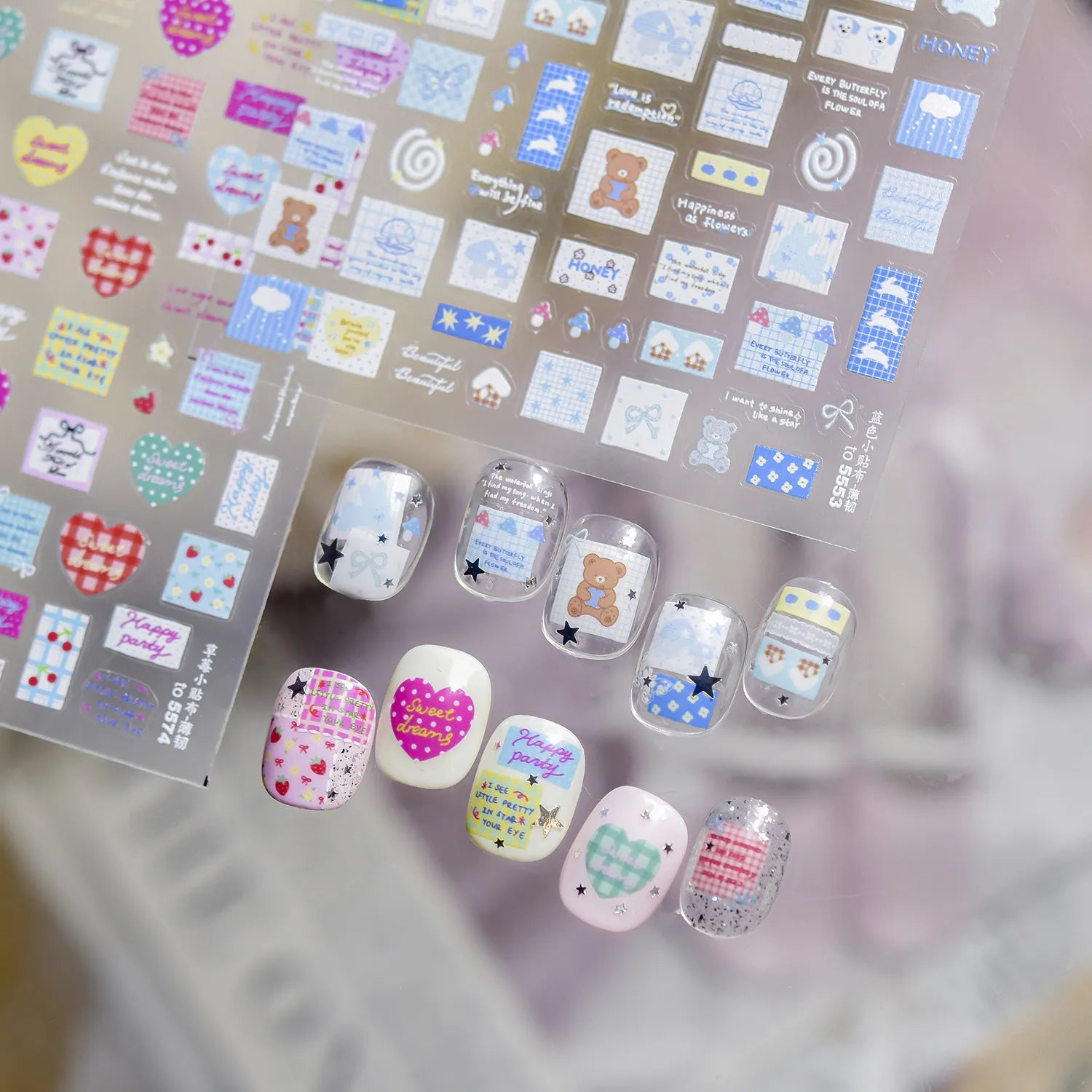 Kawaii Graffiti Heart Nail Stickers Gingham Strawberry Decals