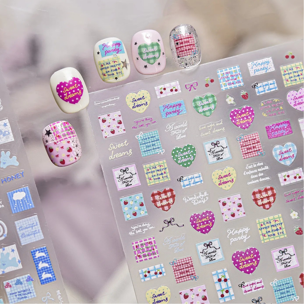 Kawaii Graffiti Heart Nail Stickers Gingham Strawberry Decals