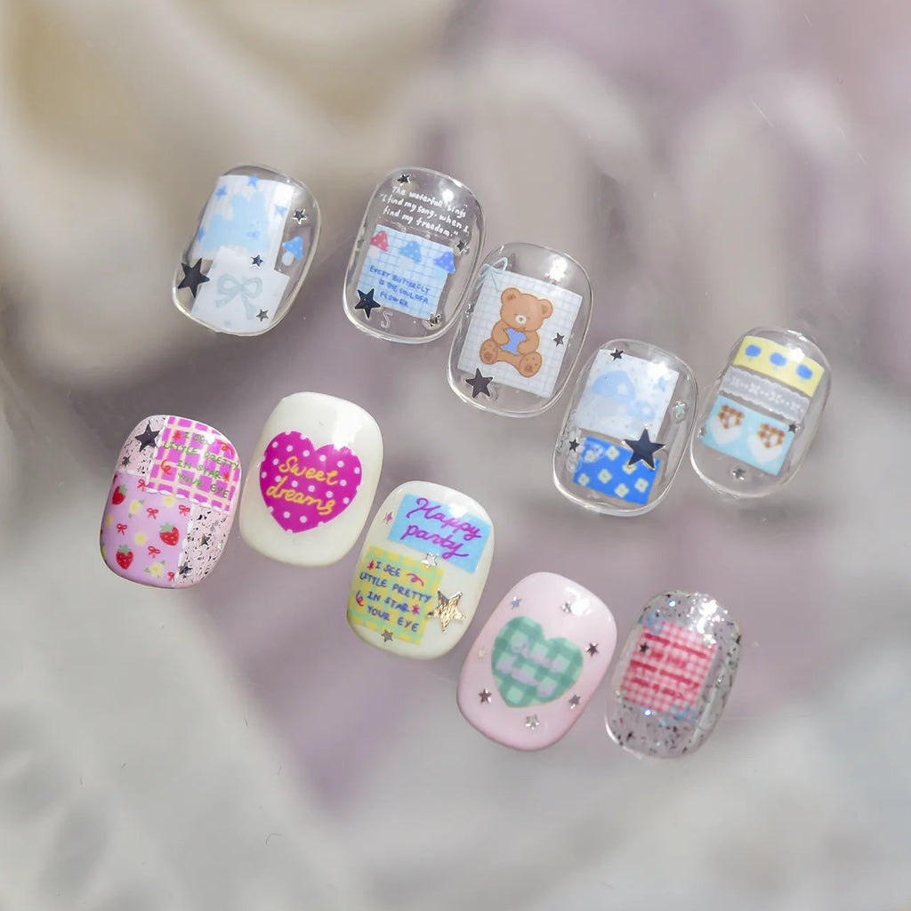 Kawaii Graffiti Heart Nail Stickers Gingham Strawberry Decals