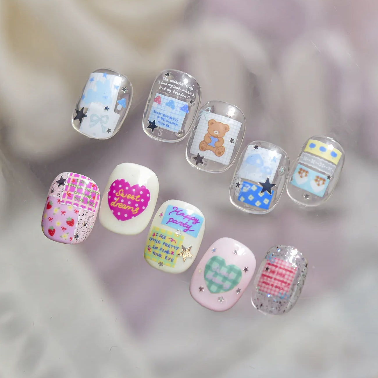 Kawaii Graffiti Heart Nail Stickers Gingham Strawberry Decals