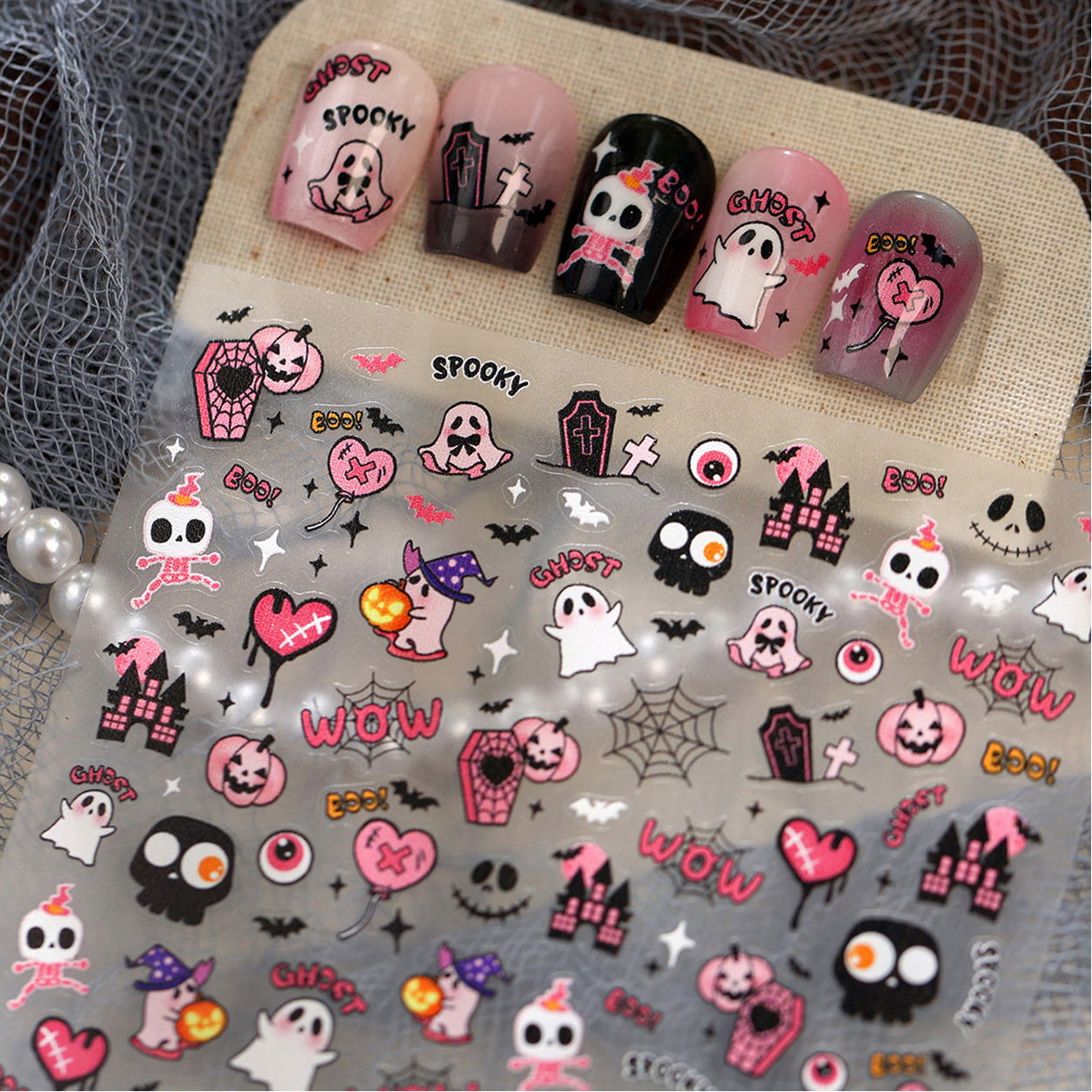Kawaii Halloween Nail Stickers - Y2K Pink Spooky Ghost Decals 4325