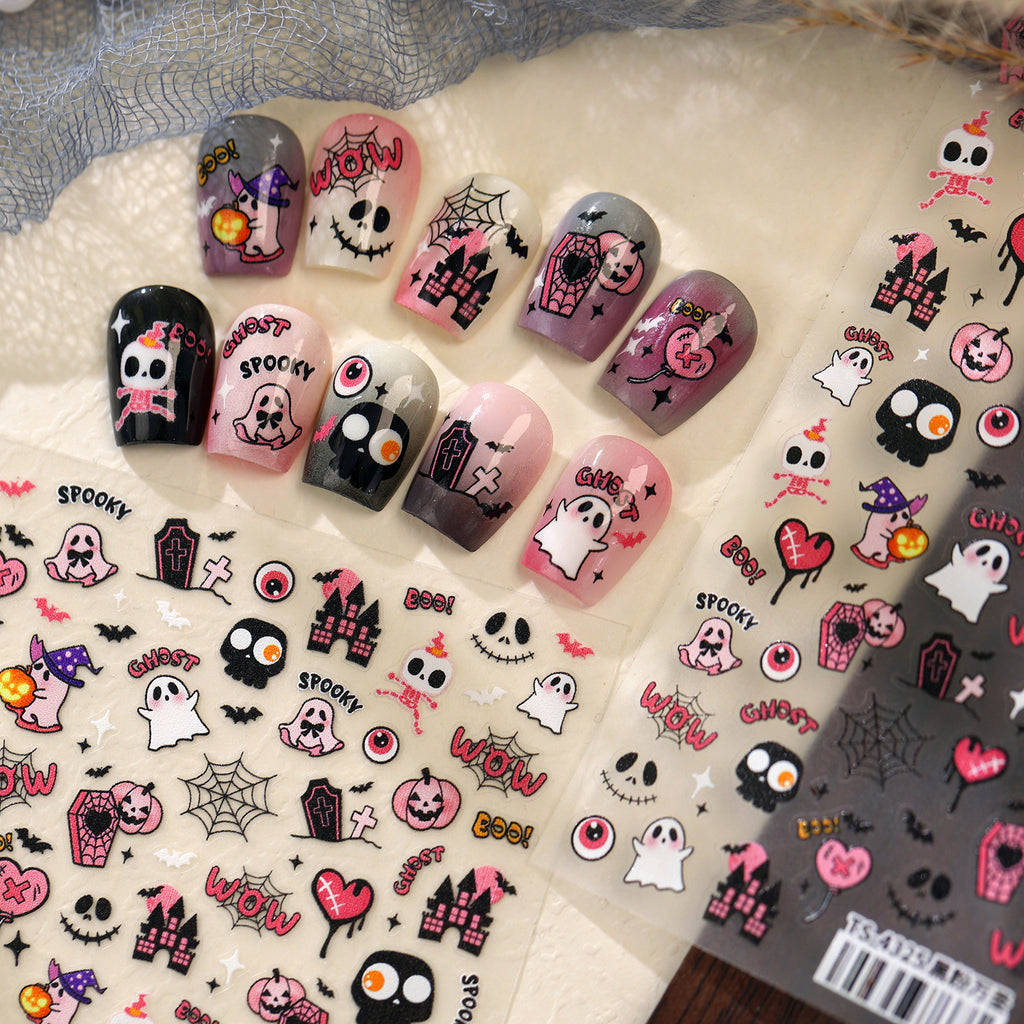Kawaii Halloween Nail Stickers - Y2K Pink Spooky Ghost Decals 4325