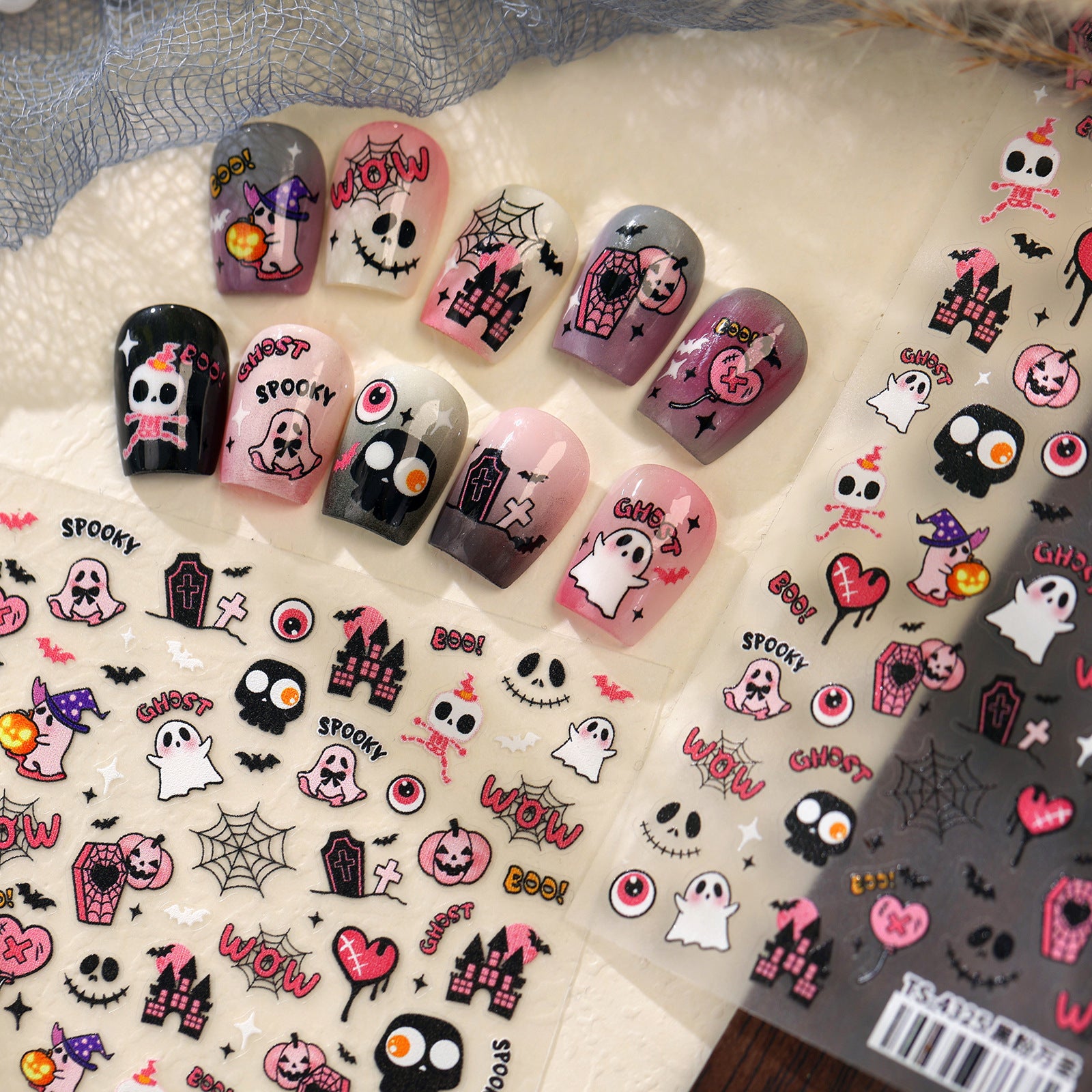 Kawaii Halloween Nail Stickers - Y2K Pink Spooky Ghost Decals 4325