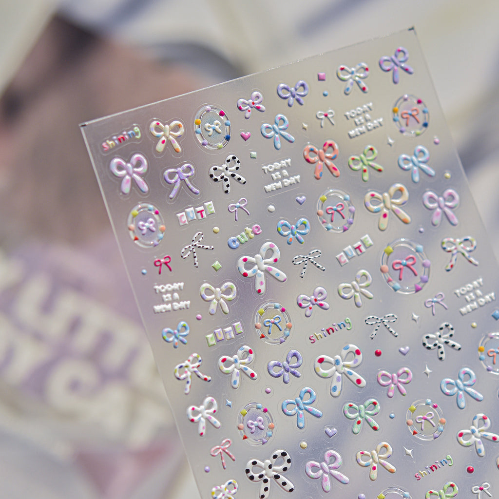 Kawaii Polka Dot Bow Nail Stickers - 3D Cute Bear Decals 5868