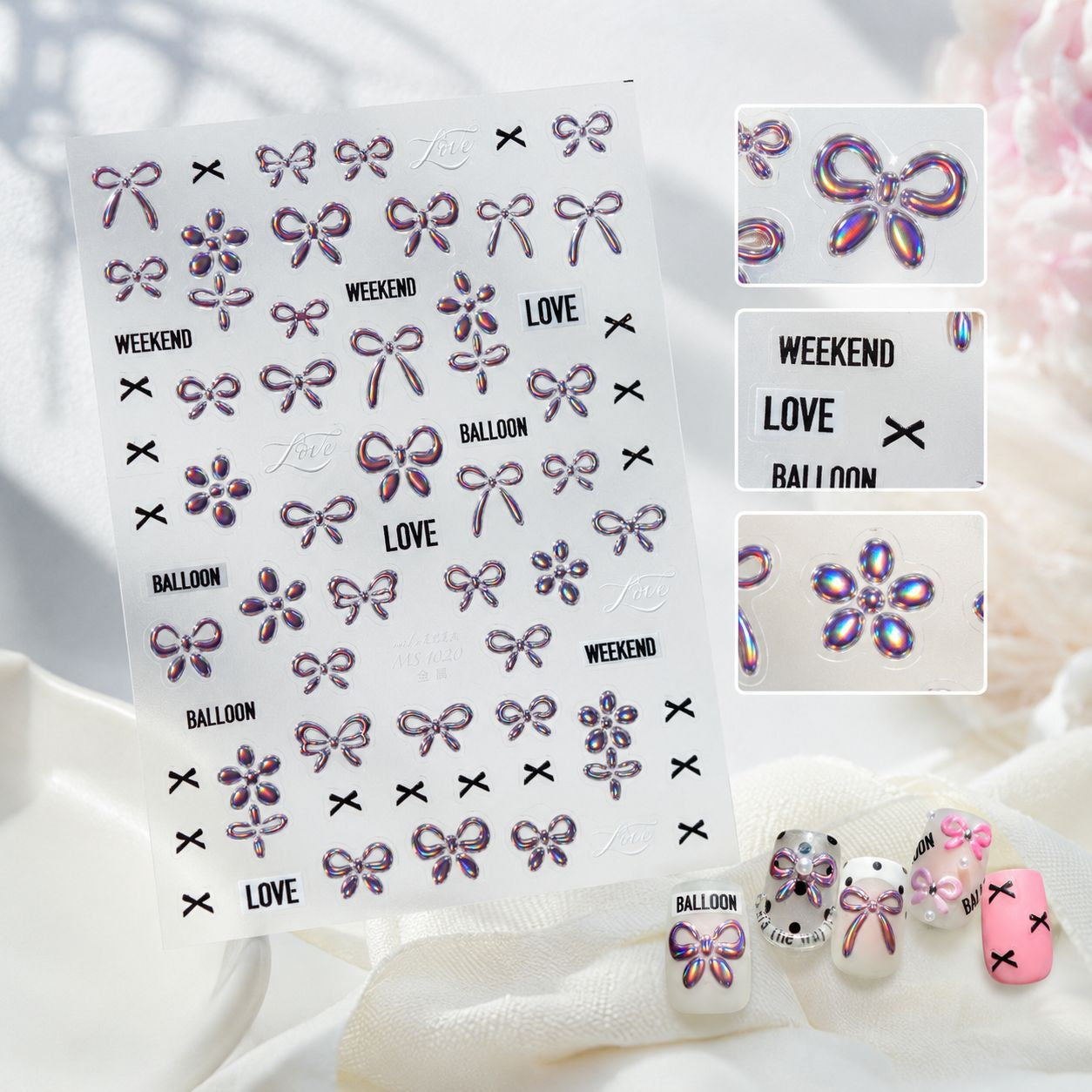 Kawaii Polka Dot Bow Nail Stickers - 3D Cute Bear Decals 5868