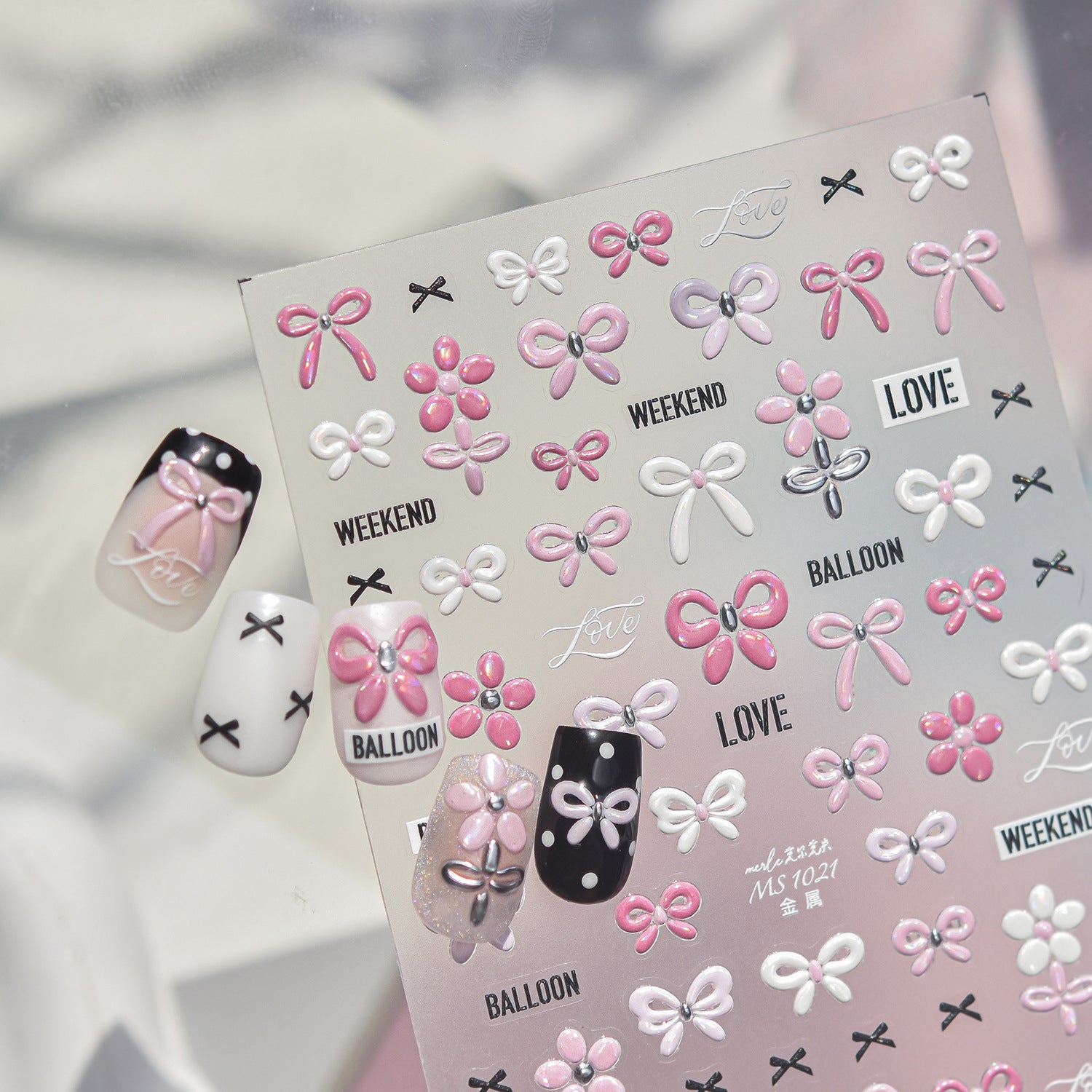 Kawaii Polka Dot Bow Nail Stickers - 3D Cute Bear Decals 5868