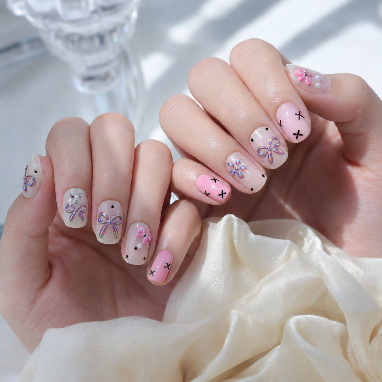 Kawaii Polka Dot Bow Nail Stickers - 3D Cute Bear Decals 5868