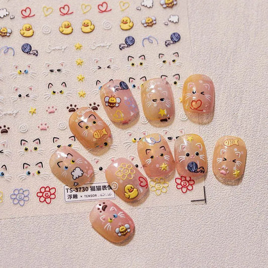 Kitten Nail Art Stickers Cute Cat Adhesive Embossed Sticker Decals TS3729