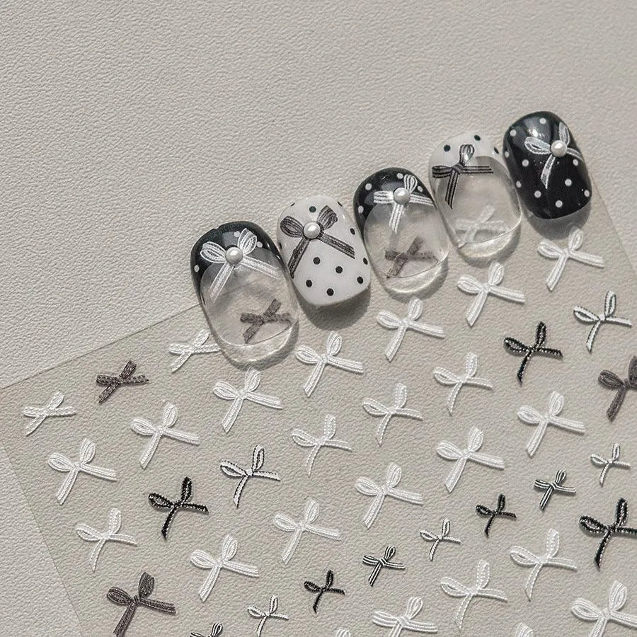 Lace Bow Tie Nail Art Stickers Adhesive Embossed Bows Sticker Decals 