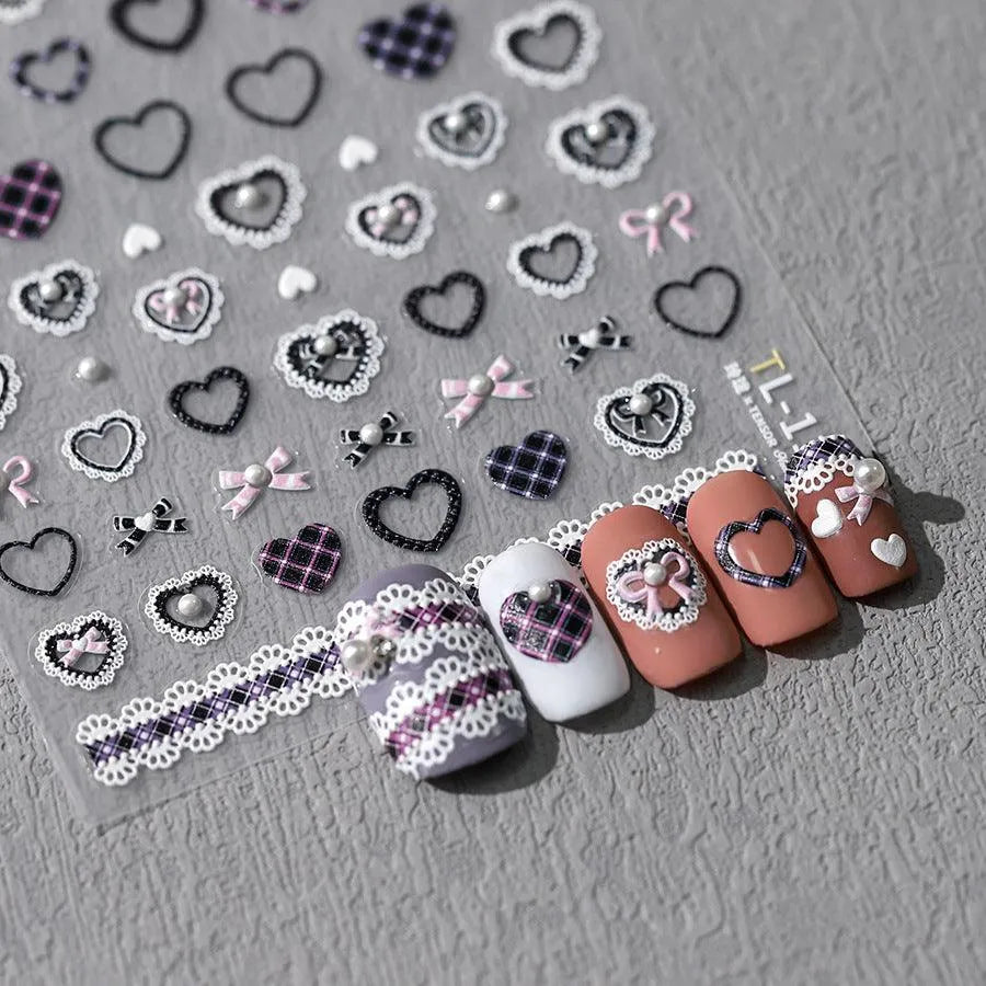 Lace Check Pattern Nail Art Stickers Adhesive Slider Love Heart Sticker Decals For Valentine's Day TL112