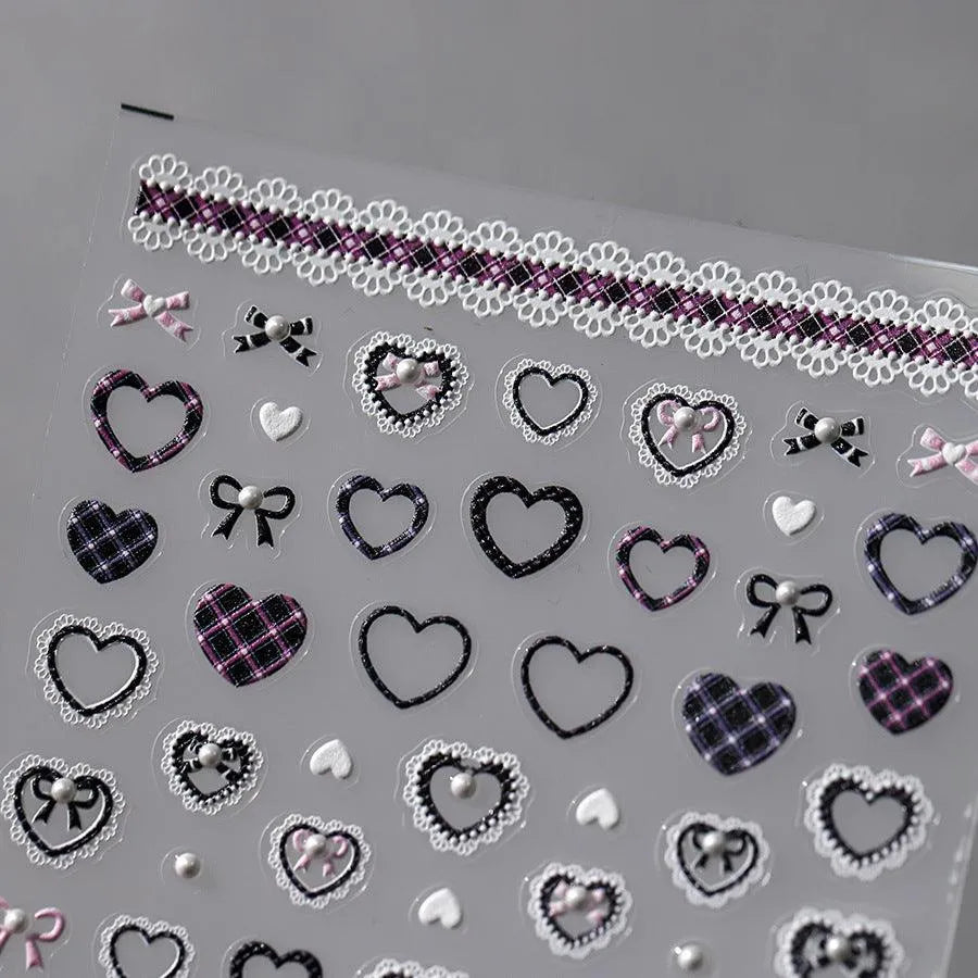 Lace Check Pattern Nail Art Stickers Adhesive Slider Love Heart Sticker Decals For Valentine's Day TL112