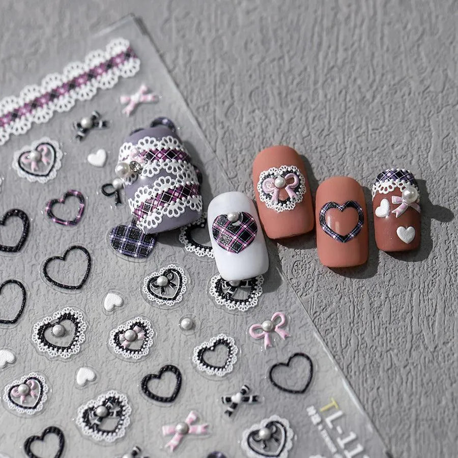 Lace Check Pattern Nail Art Stickers Adhesive Slider Love Heart Sticker Decals For Valentine's Day TL112