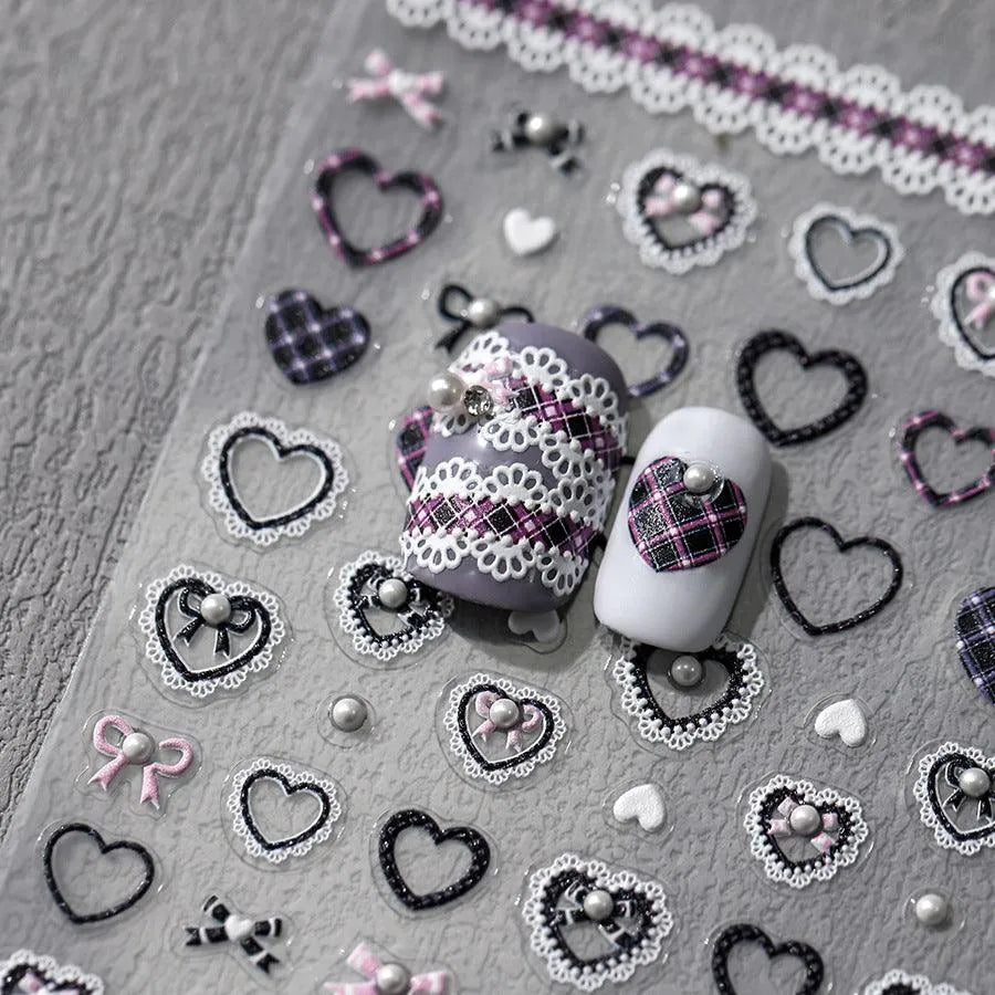 Lace Check Pattern Nail Art Stickers Adhesive Slider Love Heart Sticker Decals For Valentine's Day TL112