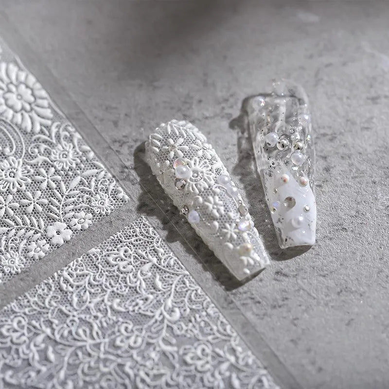 Lace Flower Nail Art Stickers Adhesive Embossed Vintage White Lace Sticker Decals 