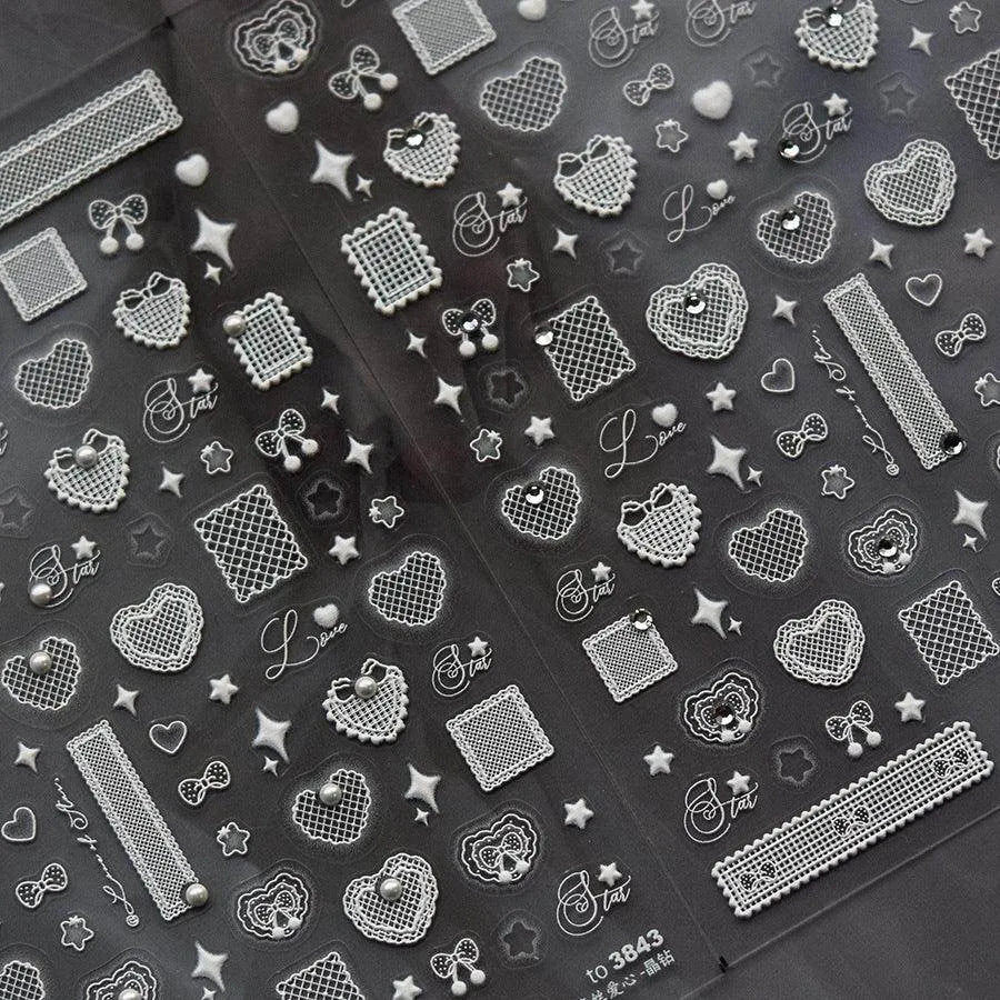 Lace Heart Nail Art Stickers Hollow White Lace Bow Adhesive Embossed Sticker Decals 