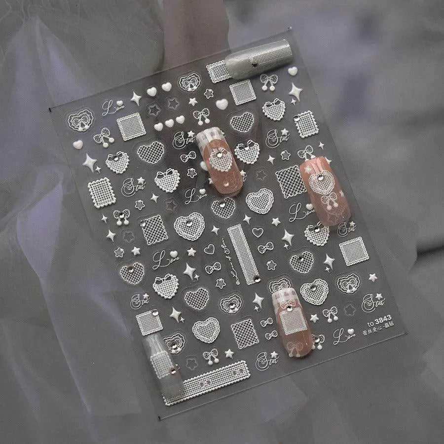 Lace Heart Nail Art Stickers Hollow White Lace Bow Adhesive Embossed Sticker Decals 