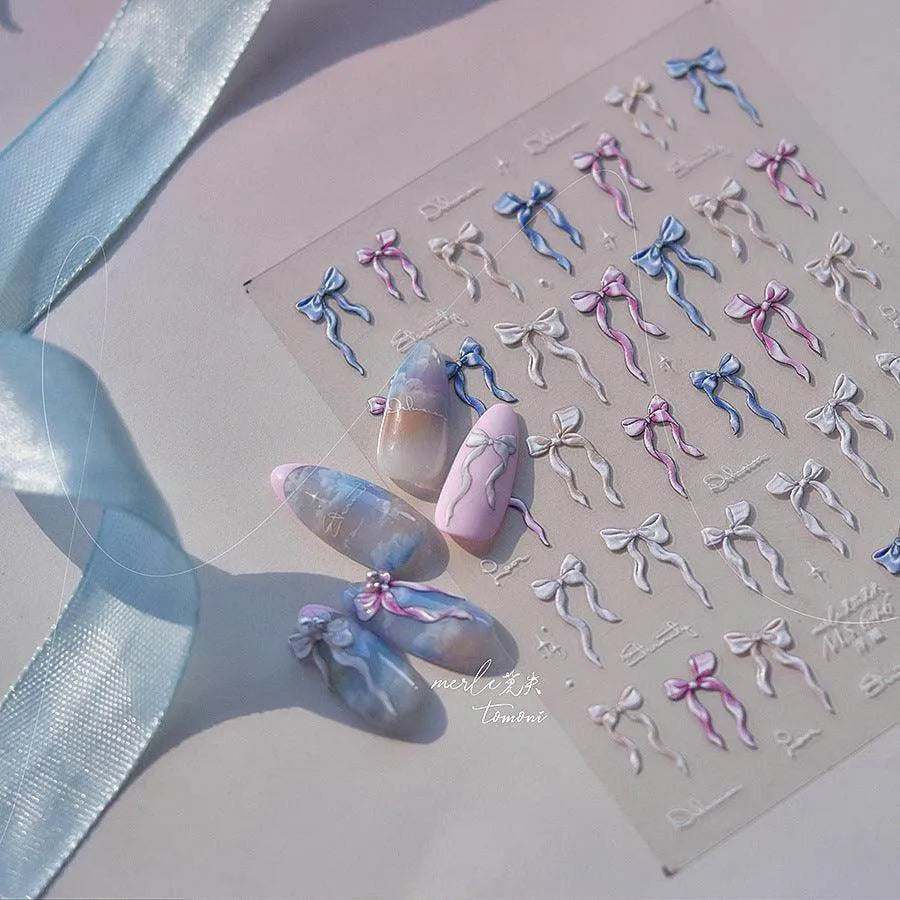 Laser Bowknot Nail Art Stickers Adhesive Shell Light Ribbon Bow Embossed Sticker Decals 