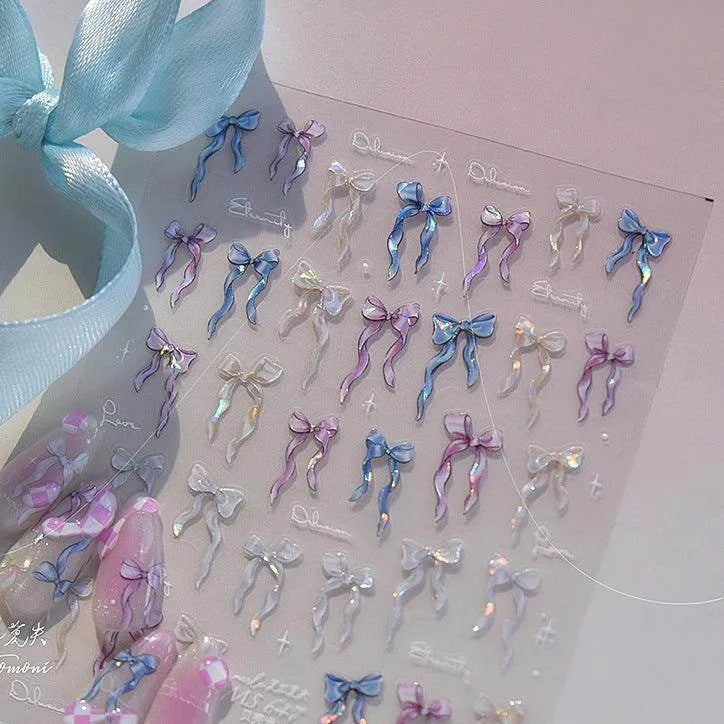 Laser Bowknot Nail Art Stickers Adhesive Shell Light Ribbon Bow Embossed Sticker Decals 