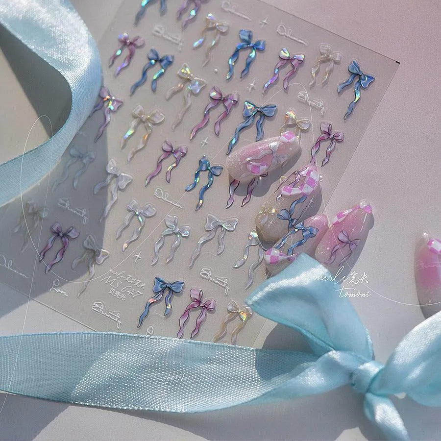 Laser Bowknot Nail Art Stickers Adhesive Shell Light Ribbon Bow Embossed Sticker Decals 