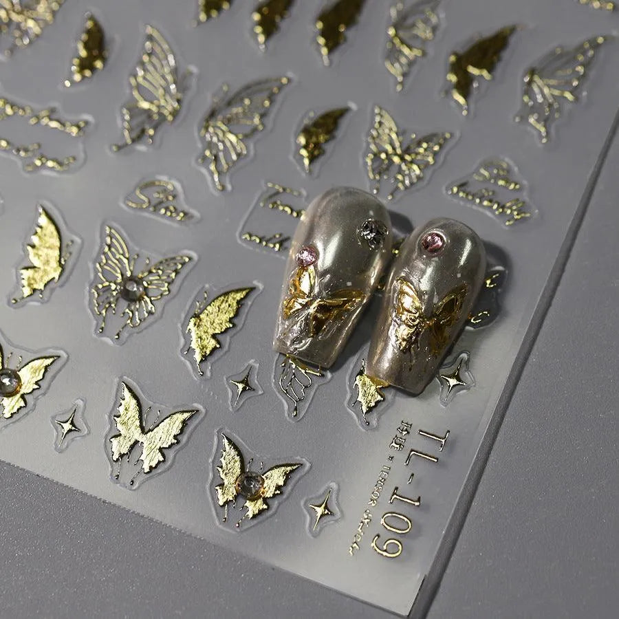 Laser Butterfly Nail Art Stickers Adhesive Slider Metal Colors Butterfly Sticker Decals TL109