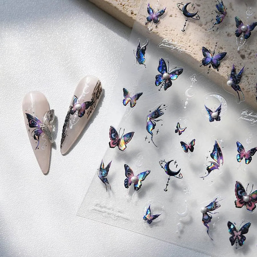 Laser Butterfly with Pearl Nail Art Stickers Adhesive Embossed Sticker Decals 