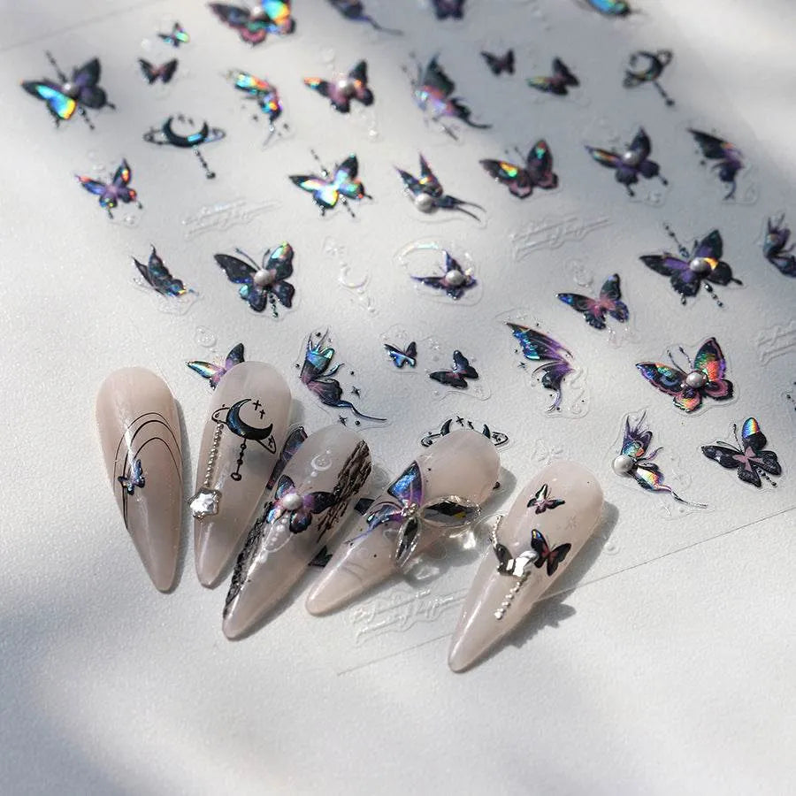 Laser Butterfly with Pearl Nail Art Stickers Adhesive Embossed Sticker Decals 
