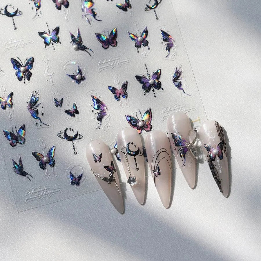 Laser Butterfly with Pearl Nail Art Stickers Adhesive Embossed Sticker Decals 