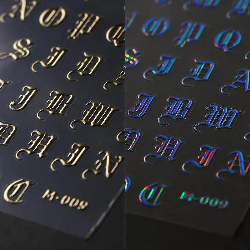 Laser Gothic Initials Nail Art Stickers Adhesive Slider Metal Letters Sticker Decals M009
