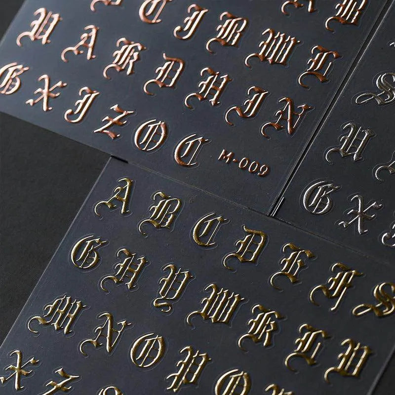 Laser Gothic Initials Nail Art Stickers Adhesive Slider Metal Letters Sticker Decals M009