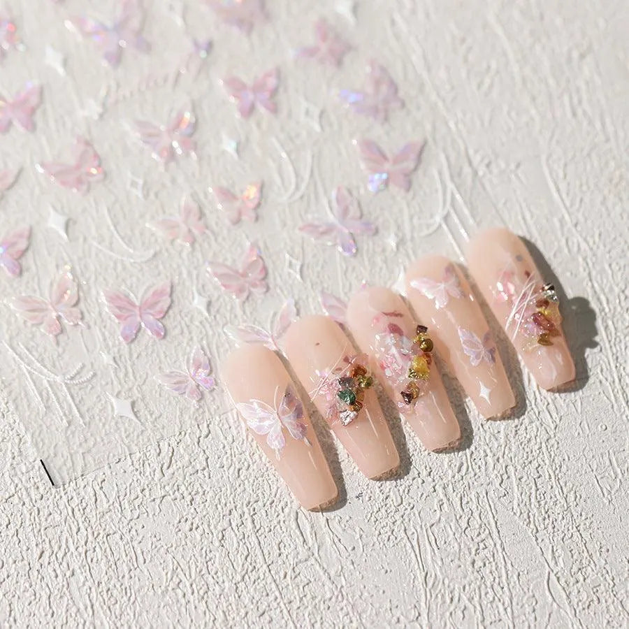 Laser Pink Butterfly Nail Art Stickers Adhesive Slider Embossed Sticker Decals 