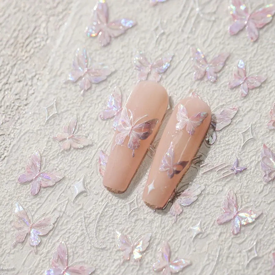Laser Pink Butterfly Nail Art Stickers Adhesive Slider Embossed Sticker Decals 