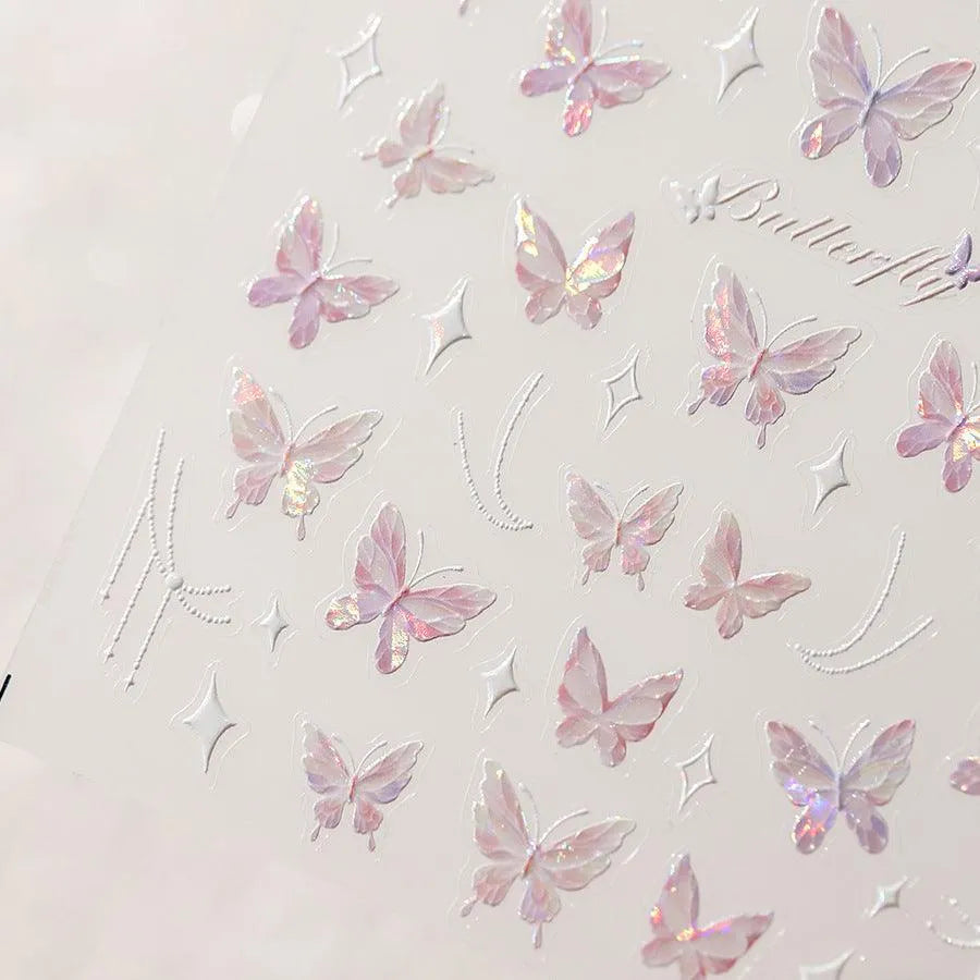 Laser Pink Butterfly Nail Art Stickers Adhesive Slider Embossed Sticker Decals 