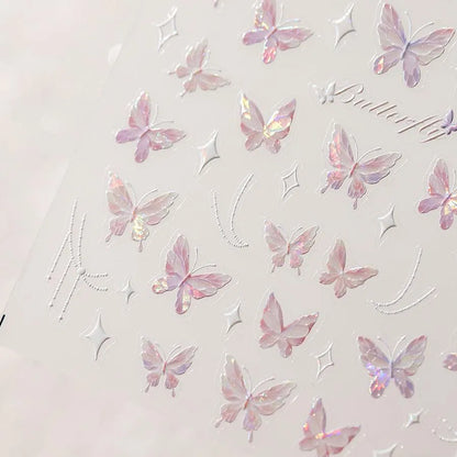 Laser Pink Butterfly Nail Art Stickers Adhesive Slider Embossed Sticker Decals 