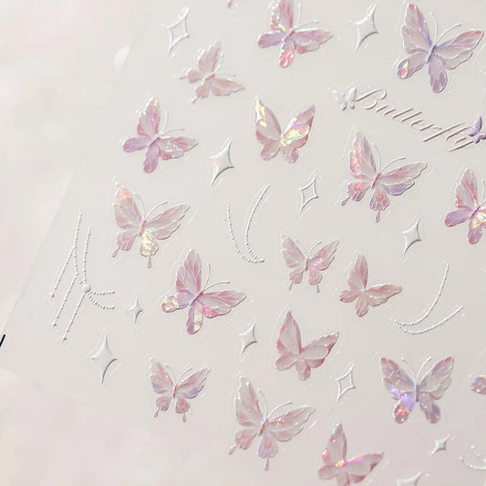 Laser Pink Butterfly Nail Art Stickers Adhesive Slider Embossed Sticker Decals 