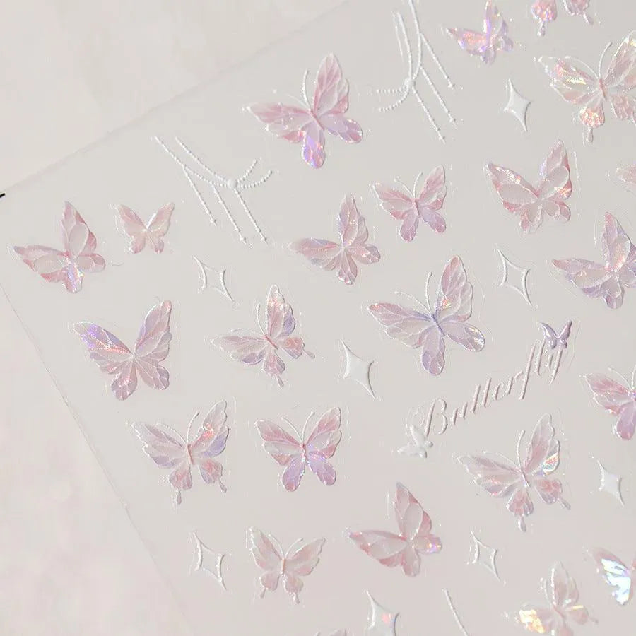 Laser Pink Butterfly Nail Art Stickers Adhesive Slider Embossed Sticker Decals 