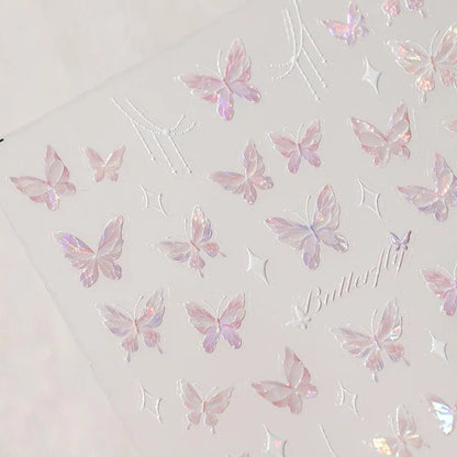 Laser Pink Butterfly Nail Art Stickers Adhesive Slider Embossed Sticker Decals 