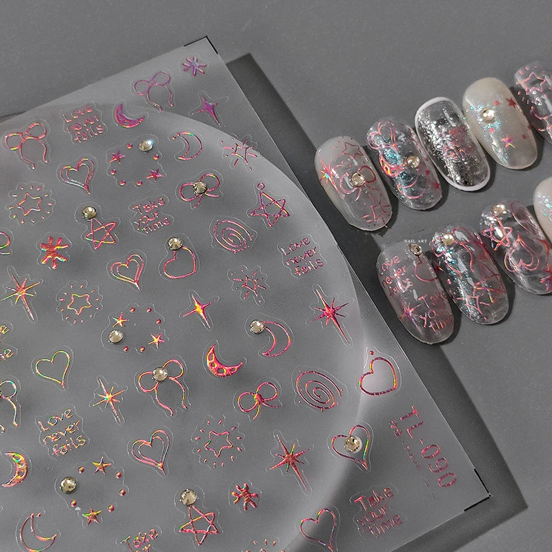Laser Pink Star Nail Art Stickers Adhesive Sliders Moon Heart With Rhinestone Sticker Decals TL090