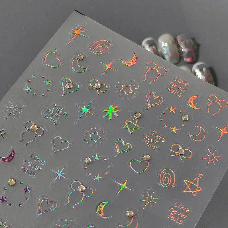 Laser Pink Star Nail Art Stickers Adhesive Sliders Moon Heart With Rhinestone Sticker Decals TL090