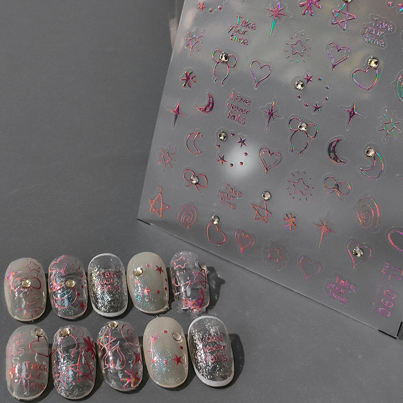 Laser Pink Star Nail Art Stickers Adhesive Sliders Moon Heart With Rhinestone Sticker Decals TL090