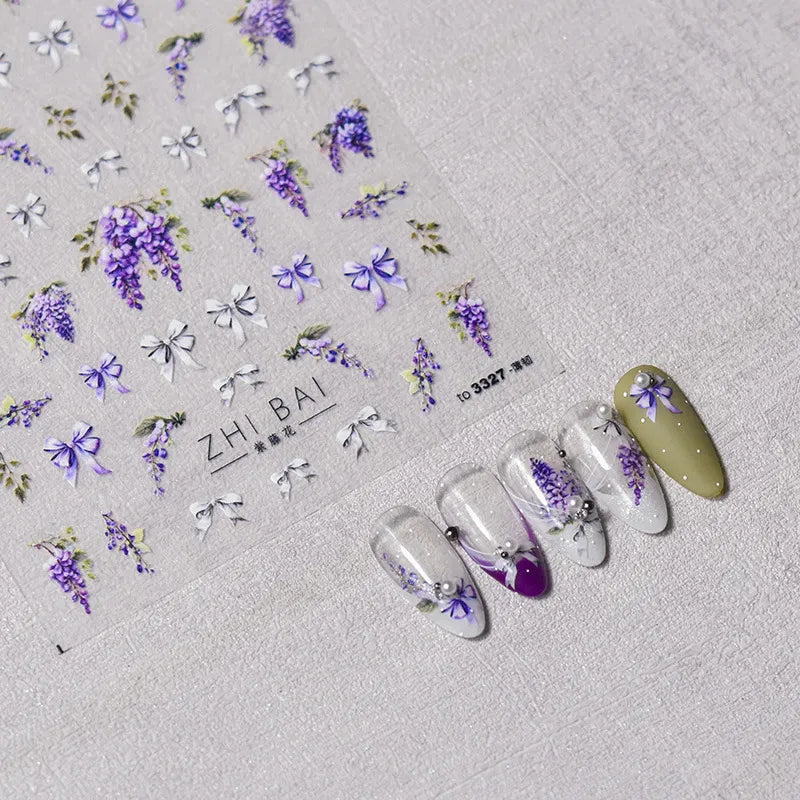Lavender Nail Art Stickers Flower Adhesive Embossed Wisteria Rose Sticker Decals to3309